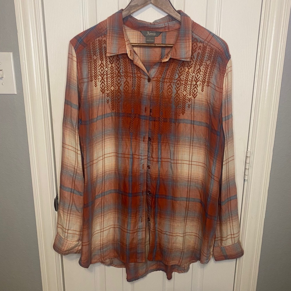 Natural Reflections Button Down Shirt Womens XL Red Plaid Embroidered Western